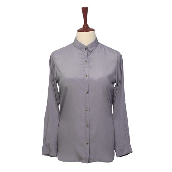 Womens Silky Crinkle Shirt Gray Blouse Button Up Casual Dressy Top Medium Work - Picture 1 of 7